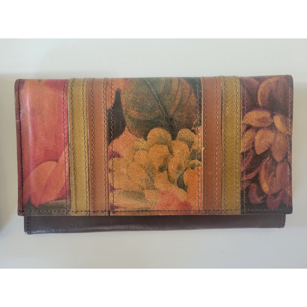 New Candy Genuine Leather Wallet Brown Floral Print Trifold Magnetic Snap
